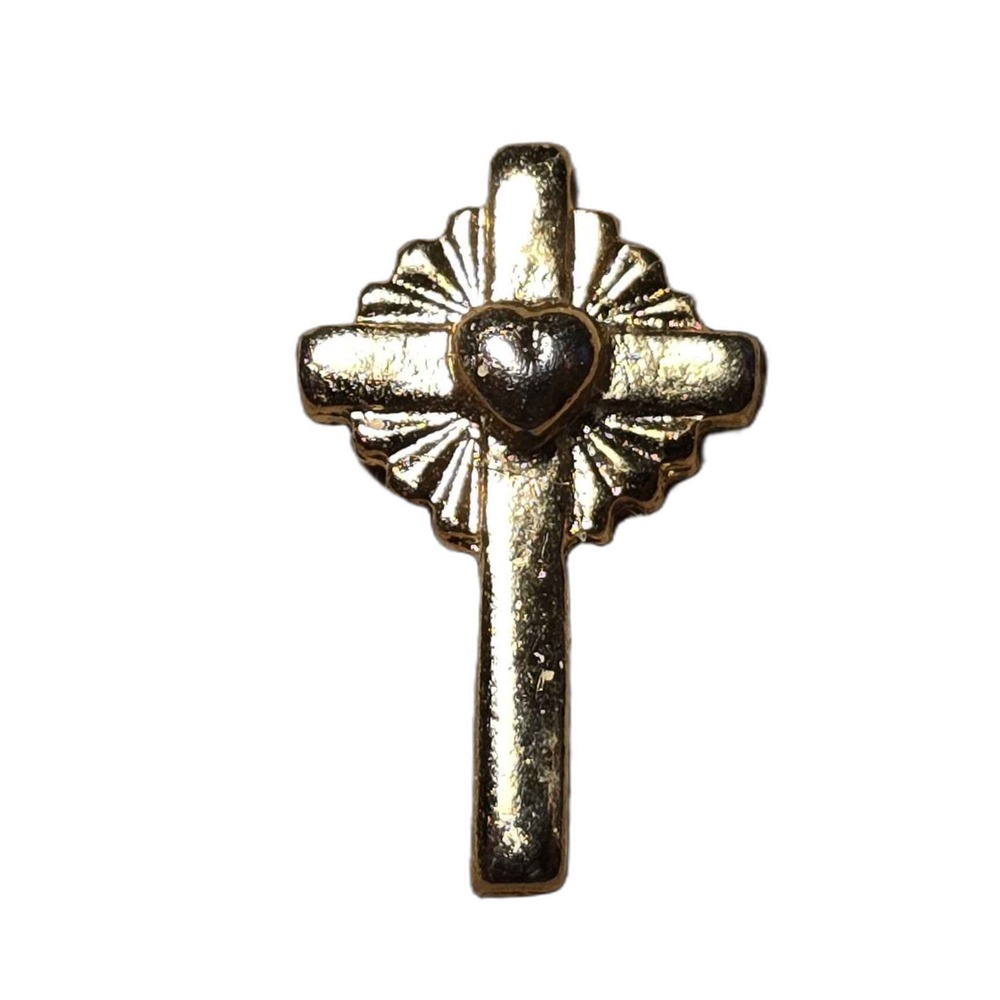 Gold Tone Cross With Heart And Sunburst Rays Lapel Vest Hat Pin K12